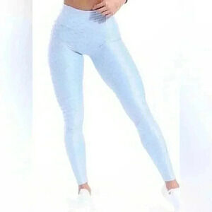Muscle Sisters Leggings S Blue Frost Metallic Textured Athleisure Activewear NWT